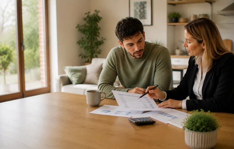 Shared ownership buyer budgeting for mortgage payments, rent, service charges and household costs with an adviser.