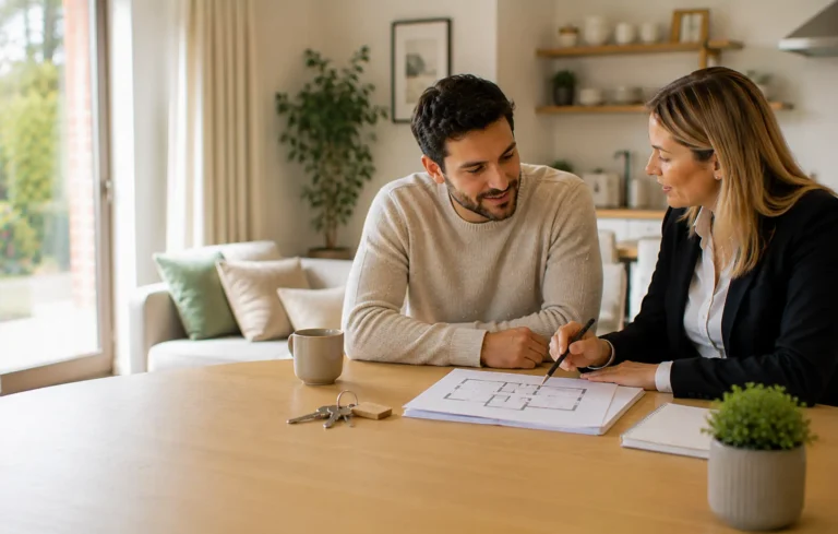 Buyer and mortgage adviser discussing shared ownership in a bright contemporary UK home, with keys and a simple property plan.