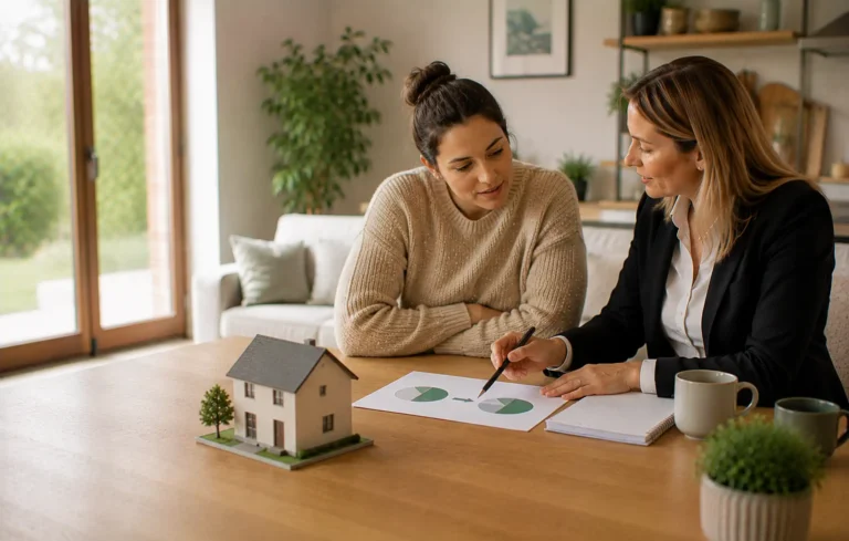 Shared ownership homeowner discussing buying a larger share with an adviser, using a house model and a simple percentage-style visual without text.