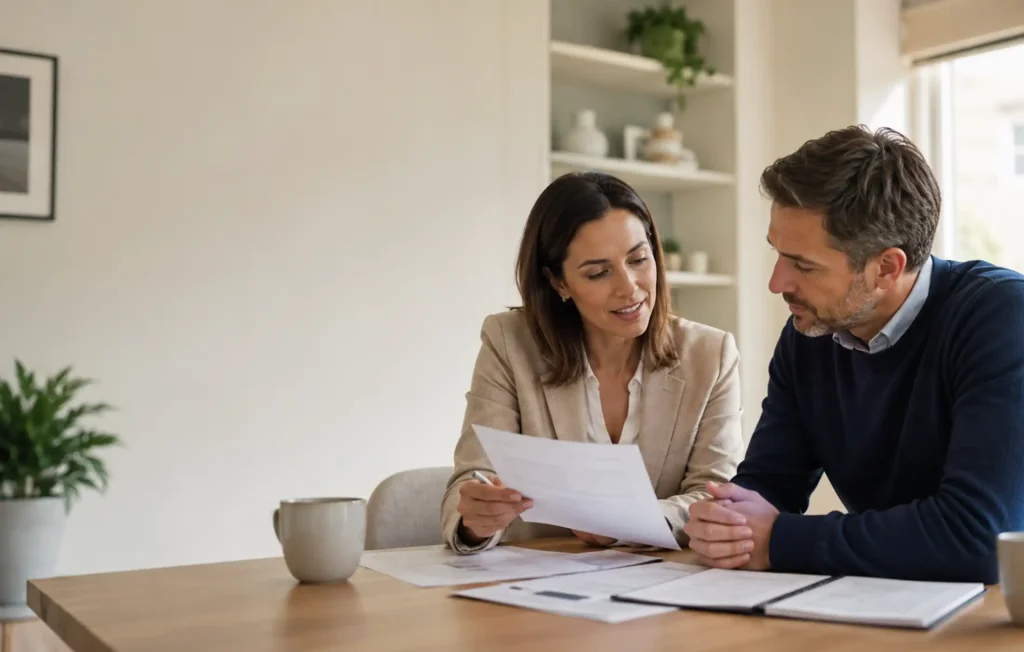 Professional carefully reviewing generic unemployment insurance terms with an adviser, the conversation focused and calm rather than worried.
