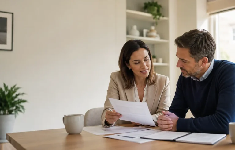 Professional carefully reviewing generic unemployment insurance terms with an adviser, the conversation focused and calm rather than worried.
