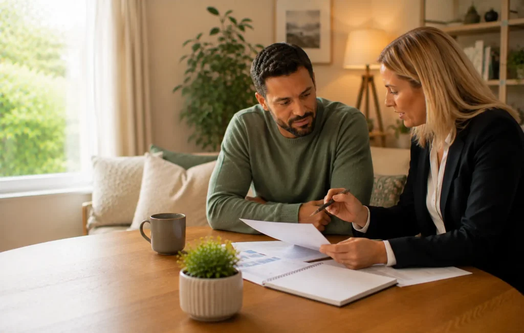 Mortgage adviser introducing payment protection during a wider home-finance conversation with a client.