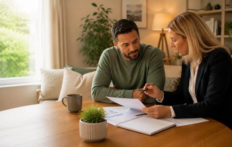 Mortgage adviser introducing payment protection during a wider home-finance conversation with a client.