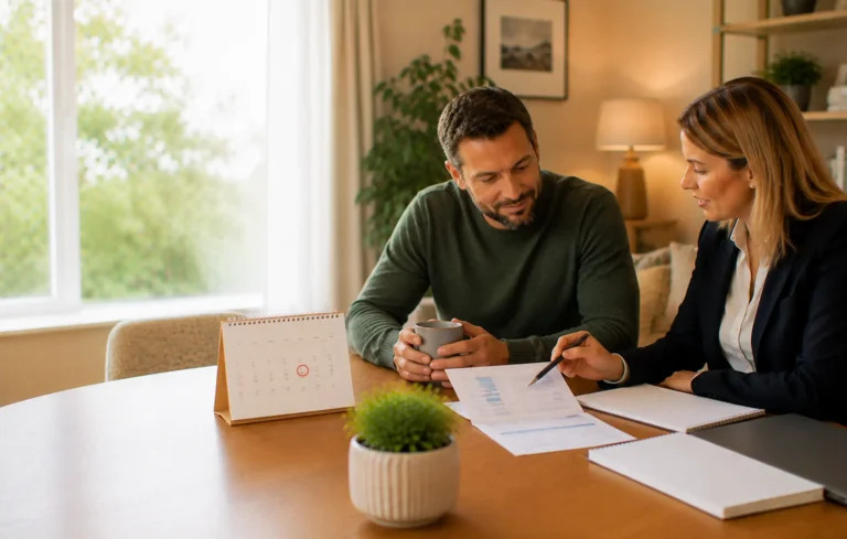 Homeowner planning ahead for a mortgage deal end date with an adviser, using a calendar reminder and generic statement.